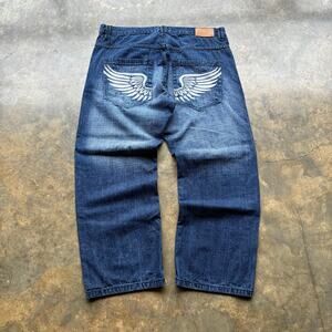 Crazy Vintage Baggy Embroidered Wings‎ Blue Jeans
